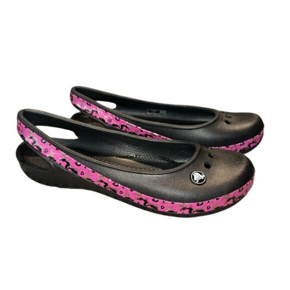 Crocs Genna II Crocband Girls Leopard Mary Jane Shoes Size 4 Black Pink Cute - Picture 1 of 8